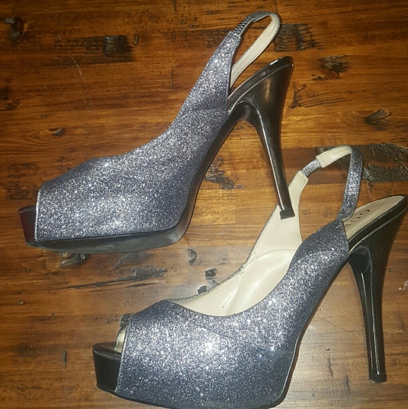 Guess Open Toe Sling Back Pewter Sparkle Glitter H - Picture 3 of 8